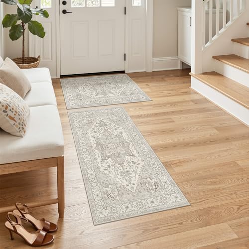 Madane 2-Piece Area Rugs Set, Small Kitchen Runner Non-Slip, Beige/Brown by Madane