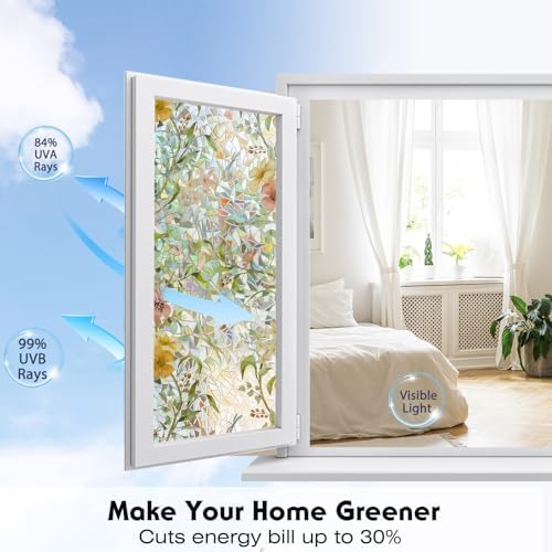 Volcanics Stained Glass Window Film with Installation Tools, Rainbow Window Privacy Film, Decorative Window Clings for Glass Windows, Static Cling Sun Blocking Floral Decals, 17.5 x 78.7 Inch - Image 4