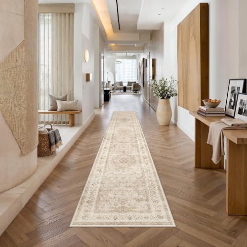 2'6x10 Beige Washable Runner Rug Non Slip Vintage Carpet by WondRg