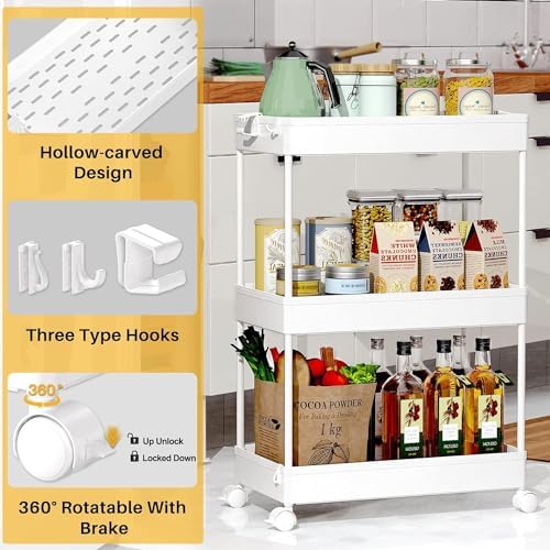 SPACEKEEPER 3 Tier Rolling Cart, Bathroom Cart Organizer with Wheels, White - Image 2