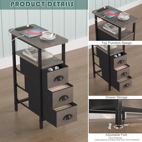 shtmec Narrow End Table Set of 2 with Charging Station, LED Side Tables Set 2 with Fabric Drawers, Small Bedside Tables Nightstands for Small Space, Slim Sofa Couch Table for Livingroom, Grey - Image 5