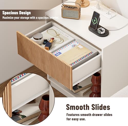 End Table with Charging Station, Fluted Nightstands Set of 2,Modern Bedside Table with Drawer and Storage Shelf, Wood End Table Mid Century Night Stands for Bedroom Living Room(White+Oak) - Image 5