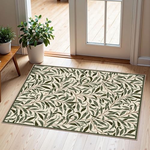 Front Door Mat Outside Entrance, 2x3 Boho Sage Olive Green Leaf Rug by Othilic