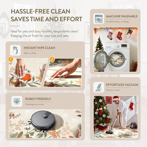Lahome Floral Christmas Rugs for Living Room, Washable Christmas Rug 8x10 Under Bed Soft Xmas Tree Rug, Stain Resistance Large Carpets for Dining Room Office Home Decor, Beige/Multi - Image 5