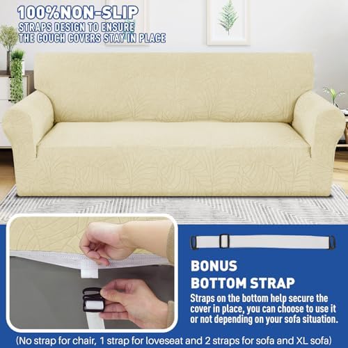 YEMYHOM Couch Cover Latest Jacquard Design High Stretch Sofa Covers for 3 Cushion Couch, Pet Dog Cat Proof Slipcover Non Slip Magic Elastic Furniture Protector (Large, Begonia Leaf Beige) - Image 5