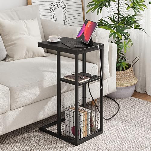 Vagusicc C Shaped End Table with Charging Station, Side Table for Couch, Small Side End Table for Small Spaces, 28" High Slide Under Sofa Table for Coffee, Tv Tray Table for Living Room, Black - Image 2