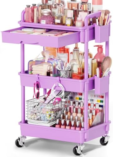 Goovilla Rolling Makeup Organizer Cart with Removable Drawer, 3 Tier Purple by Goovilla