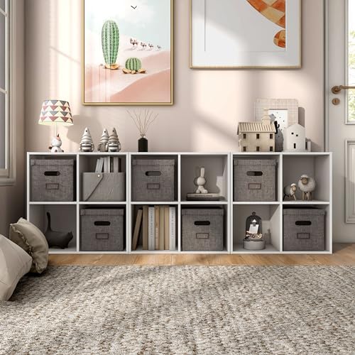 Homes: Inside + Out Apexa 4-Cube Storage Organizer Shelves, Stackable Wood Bookcase Fits Cubby Bins for Organization, Dorm Teen Room Decor & Home Office, Taupe Grey - Image 2