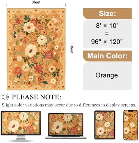 DUKINO 8x10 Area Rugs, Floral Washable Living Room Rug Non Slip, Orange - Image 2