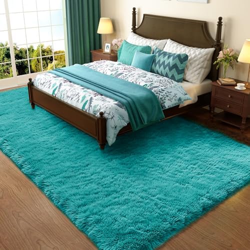 Ophanie Teal Rugs for Bedroom Living Room, Fluffy Fuzzy Furry Carpet, Plush Soft Shaggy Bedside Indoor Floor 4x6 Area Rug for Kids Girls Boys Baby Teen Dorm Nursery Decor with Over 99 pcs Pile fibers by Ophanie