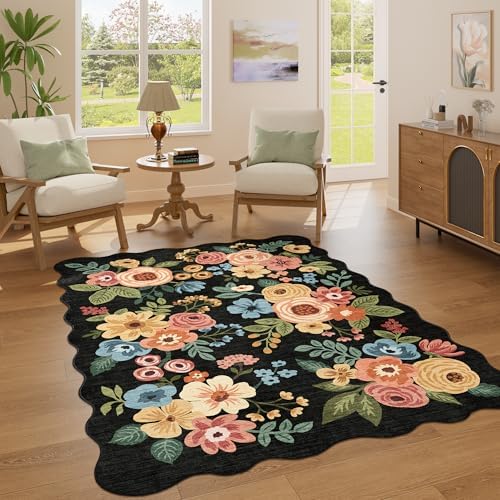 DUKINO 4x6 Area Rug, Non Slip Floral Washable Rug for Living Room, Black - Image 3