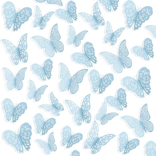 Bememo 72 Pcs 3D Butterfly Wall Decals, 3 Sizes,Sky Blue | Metallic Hollow Design for Bedroom Living Room, Removable Adhesive Wall Decor, Easy Peel Stick Party Decoration Stickers by Bememo