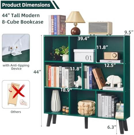 LEYAOYAO 8 Cube Bookshelf,Mid-Century Modern Bookcase with Legs,Dark Green - Image 2