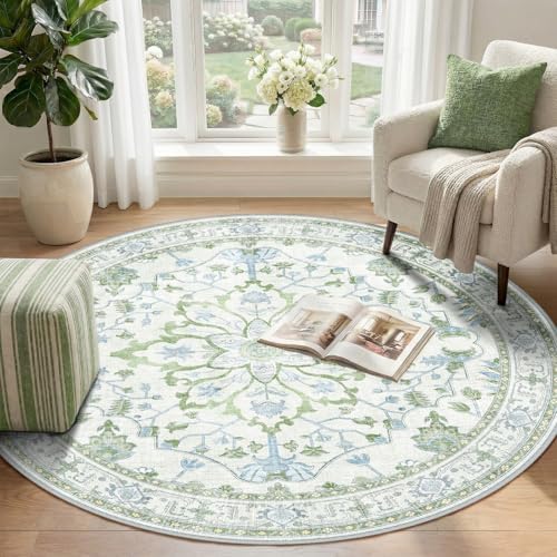 RELEANY Washable Area Rug, Round 4ft, Green/White/Blue - Image 2