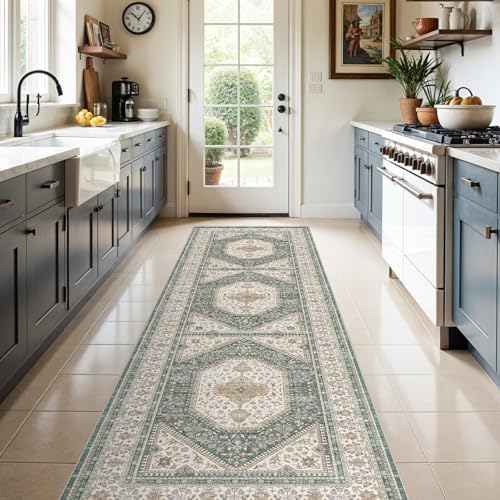 3x10 Washable Hallway Runner Rug - Non-Slip Wide Vintage Rugs Green Beige by Puino