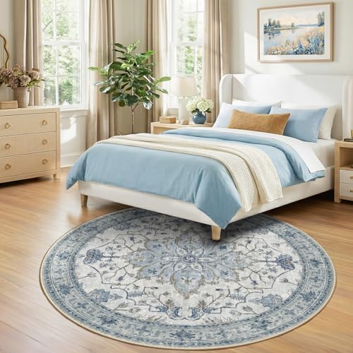 RELEANY Washable Area Rug, Round 7ft, Blue/White/Gray - Image 2