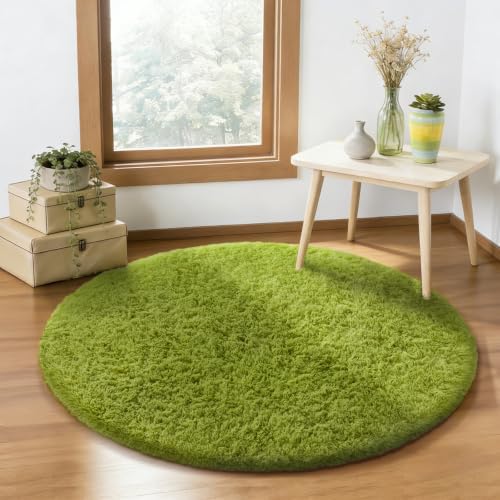 Ophanie Round Rug 4Ft Green Circle Area Rug, Green Room Decor, Fluffy Fuzzy Bedroom Carpet, Plush Soft Shaggy Living Room Rugs for Kids Home Decor Aesthetic, Nursery with 99 pcs Pile fibers by Ophanie