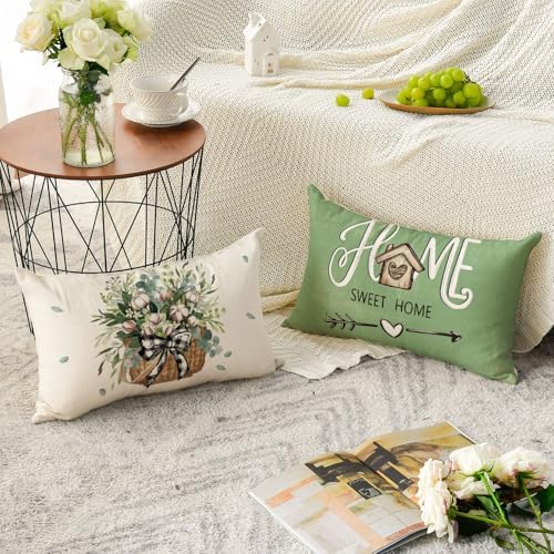 AVOIN colorlife Bless Our Home Farmhouse Eucalyptus Leaves Throw Pillow Covers, 12 x 20 Inch Green Truck Cushion Case Decorations Set of 4 - Image 5