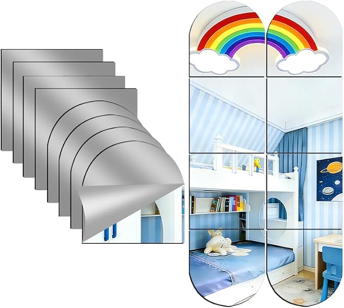 8-Piece Set of Acrylic Wall Mounted Mirrors,14‘’×14‘’inch self-Adhesive Frameless Square Combined with Curved Makeup Lenses, Flexible Plastic Lenses for bedrooms, Home use, Gym Doors by Unknown