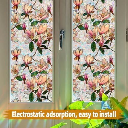 Retro Flowers Window Privacy Film, Magnolia Stained Glass Decorative Window Film for Glass, Rainbow Stained Window Cling Sticker Floral Removable Static Cling for Window (1, Magnolia, 17x78.7in) - Image 7
