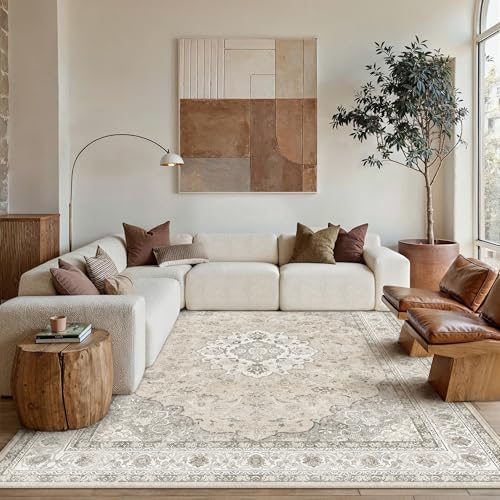5x7 Washable Area Rug Beige Brown Non Slip Vintage Carpet - Image 3