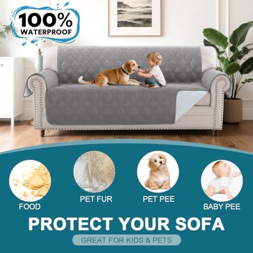 Turquoize 100% Waterproof Sofa Covers Couch Cover for 3 Cushion Couch Triple Non-Slip Sofa Slipcover Washable Furniture Protector for Pets, Kids, Dog (Sofa 70", Light Gray) - Image 2