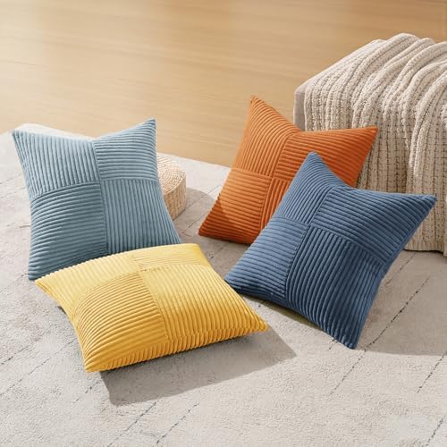 MIULEE Summer Yellow Blue Decorative Throw Pillow Covers 18x18 Inch Set of 4 Soft Corduroy Boho Patchwork Pillow Covers Modern Farmhouse Bright Home Decor for Sofa Living Room Couch Bed - Image 5