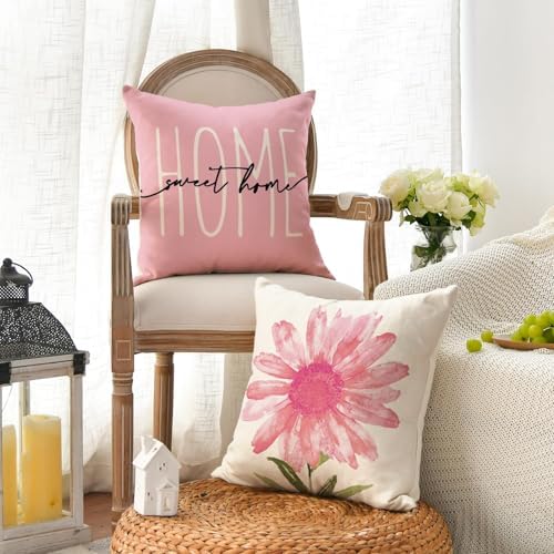 AVOIN colorlife Home Sweet Home Spring Summer Flowers Pink Throw Pillow Covers, 16 x 16 Inch Cushion Case for Sofa Couch Set of 4 - Image 3
