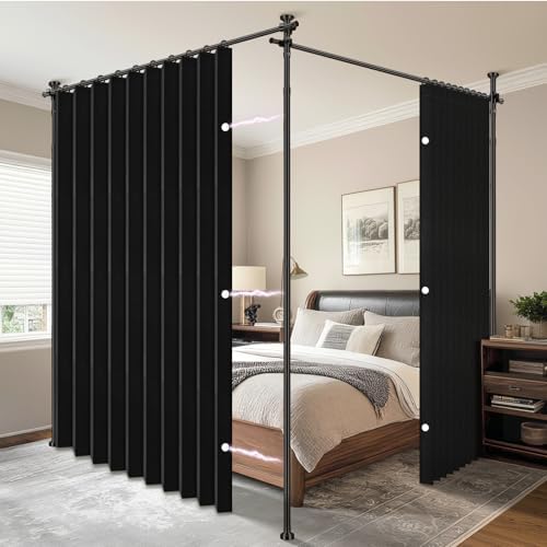 AJAZZ Room Divider Curtain (2 Panels, Black, W100 x L84 in)+ Tension Curtain Rod No Drilling (H) 43-120×(W) 35-200 in, for Privacy/Soundproof Curtains, Heavy Duty Wall Separator by AJAZZ