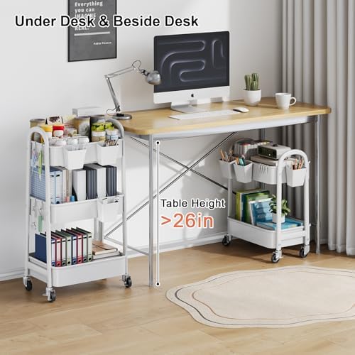 2 Tier Rolling Cart Metal with Wheels,White Under Desk Storage Roller Carts - Image 4