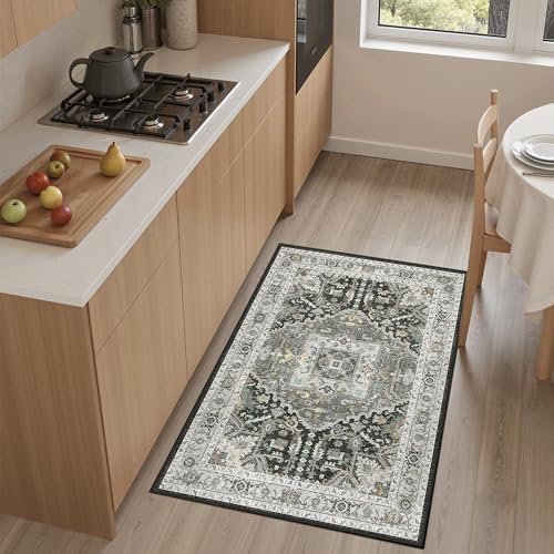 Madane Washable Area Rug 2x3 Small Entryway Rugs, Grey Green/Black Olive by Madane