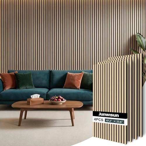 Acoustic Wall Panels, 4 Pack Wood Slat Wall Panel, Soundproof Wall Panels, 3D Textured Wall Decor for Ceiling and Wall, 23.6" x 47.2", in Oak Finish by Junwisun
