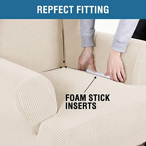 H.VERSAILTEX Wing Chair Slipcover Chair Covers for Wingback Chairs Wingback Chair Covers Slipcovers 1 Piece Stretch Sofa Cover Furniture Protector Soft Spandex Jacquard Checked Pattern, Natural - Image 5