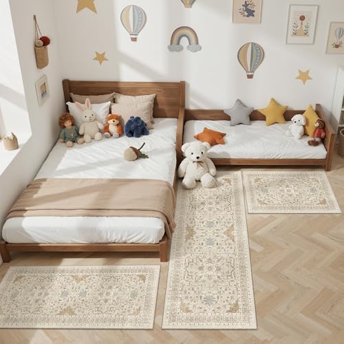 Madane Washable Kitchen Rug Set of 3 Small Area Rugs Non-Slip, Beige/Blue - Image 2