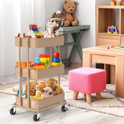 Simple Houseware 3-Tier Utility Cart, Low 24" Height Fits Under Desk, Khaki - Image 5
