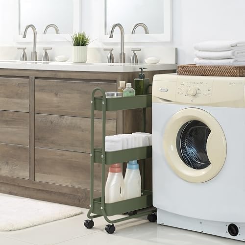 SunnyPoint Slim Rolling Storage Cart, 3 Tier Bathroom Storage Organizer Bathroom, Laundry Utility Cart (Army) - Image 3