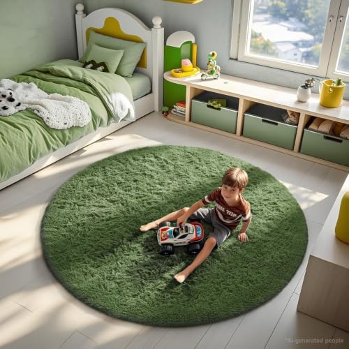 Ophanie Round Rug 6Ft Grey Green Circle Area Rug, Grayish Green Room Decor, Fluffy Fuzzy Bedroom Carpet, Plush Soft Shaggy Living Room Rugs for Decor Aesthetic, Nursery with Over 99 pcs Pile fibers - Image 3