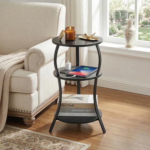 YEAKOO Small Side Table with Charging Station,3-Tier Round end Table - Image 2