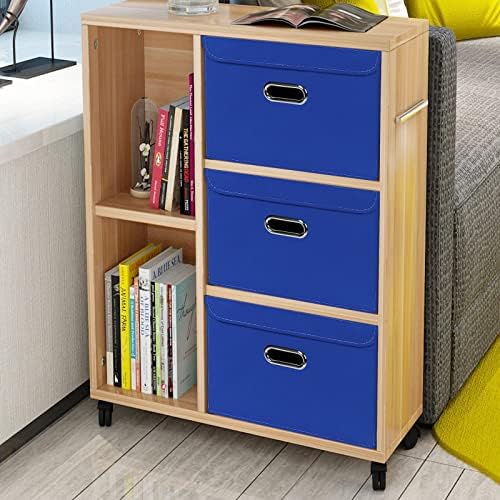 Linen Fabric Foldable Collapsible Storage Cube Bin Organizer Basket Fabric Storage Bins with Lid, Leather Handles, Removable Divider for Home, Closet, Dark Blue 3Pcs - Image 4