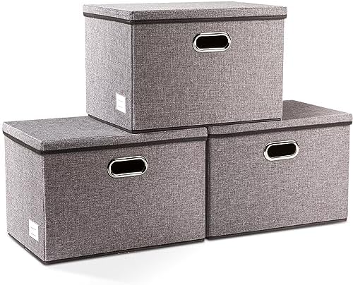 PRANDOM Large Collapsible Storage Bins with Lids [3-Pack] Linen/Cotton Blend Foldable Storage Boxes Organizer Containers Baskets Cube with Cover for Home Bedroom Closet Office Nursery(17.7x11.8x11.8) by Prandom