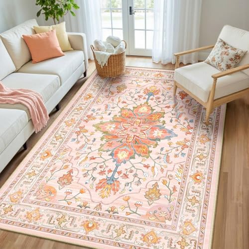 RELEANY Washable Area Rug, 5'x8', Pink/Light Pink/Colorful by RELEANY