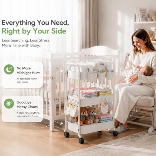 Heavy Duty 3 Tier Rolling Cart Metal with Wheels, White Three Tiered Shelf - Image 2