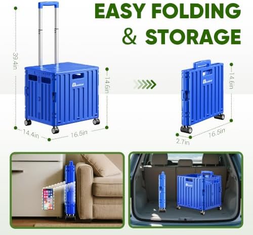 Folding Utility Cart with Lid, Portable Rolling Crate Handcart Collapsible Shopping Trolley, Durable Plastic Foldable Tool Basket with 4 Rotate Wheels for Grocery, Office, Luggage, School - Blue - Image 4