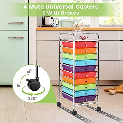 MEDIMALL 10 Drawers Rolling Storage Cart, Multipurpose Craft Storage Cart with Wheels, Mobile Tools Scrapbook Paper Organizer Cart for Office School Home Use (Multi-color) - Image 7