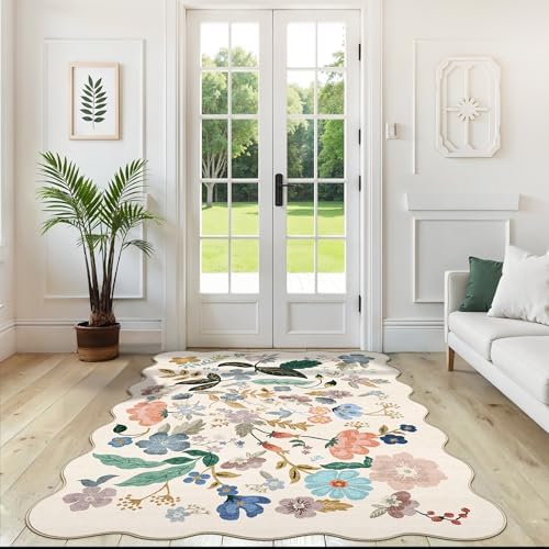 5x7 Living Room Area Rugs: Washable Floral Non-Slip Rug for Bedroom Dining Room Ultra Soft Carpet for Nursery Kitchen Home Office Farmhouse Thin Floor Mat for Teen Girls and Boys Dorms(5x7,Cream) - Image 4