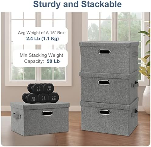 Graciadeco Medium 15" 21 Quart Collapsible Stackable Storage Bins with Lids, 3 Packs Grey Foldable Fabric Closet Boxes Heavy-duty Linen Cube Baskets Container for Bedroom Office (15 x 11 x 8) - Image 5