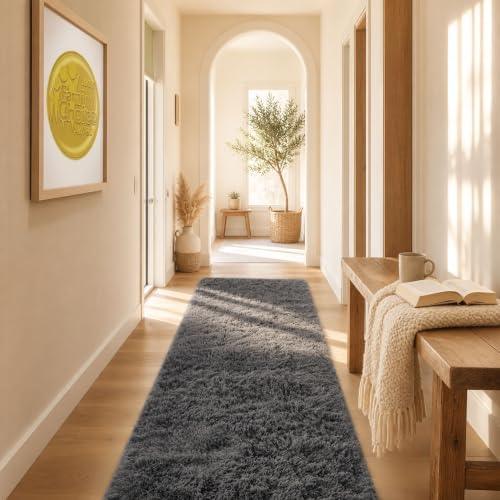 Ophanie 2x8 Runner Rug for Hallway, Upgrade Non-Slip Fluffy Soft Bedside Rugs, Bedroom Living Room Grey Shaggy Gray Carpet for Kids Dorm Home Decor with Over 99 pcs Pile fibers by Ophanie