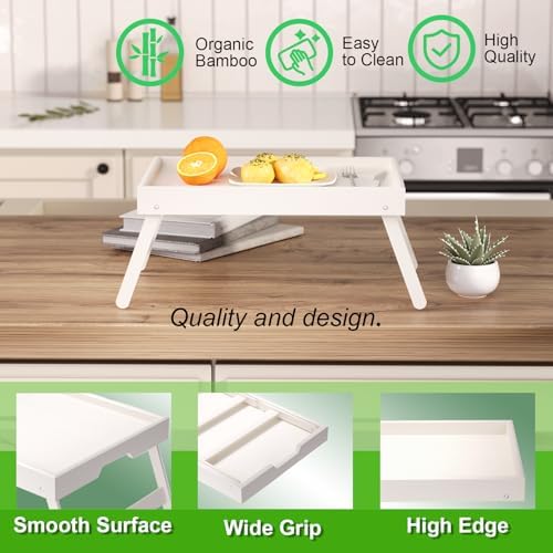 Fibogollo 4 Pack Bamboo Bed Tray Table with Folding Legs,Breakfast Trays,Serving Tray for Food and Snack,Laptop Trays for Working(White) - Image 4