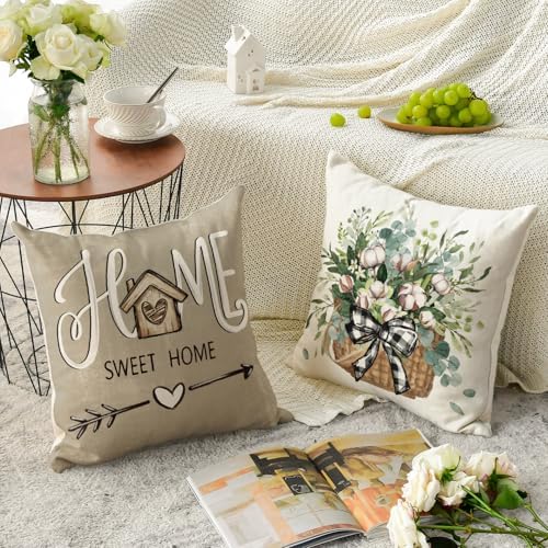 AVOIN Colorlife Bless Our Home Farmhouse Eucalyptus Leaves Throw Pillow Covers, 16 x 16 Inch Truck Home Sweet Cushion Case Decorations Set of 4 - Image 4