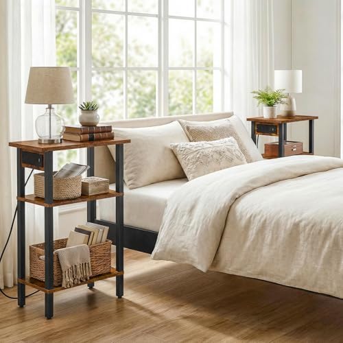 HOOBRO Narrow Side Table, Set of 2, 3-Tier Slim End Table with Charging Station, Skinny Nightstand with Open Storage, for Small Spaces, Living Room, Bedroom, Study, Rustic Brown and Black BF340UBZP201 - Image 7